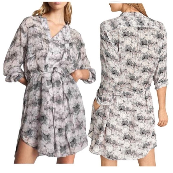 REISS Alice Abstract Pleated Long Sleeve Button-Down Asymmetrical Shirt Dress - Picture 1 of 14